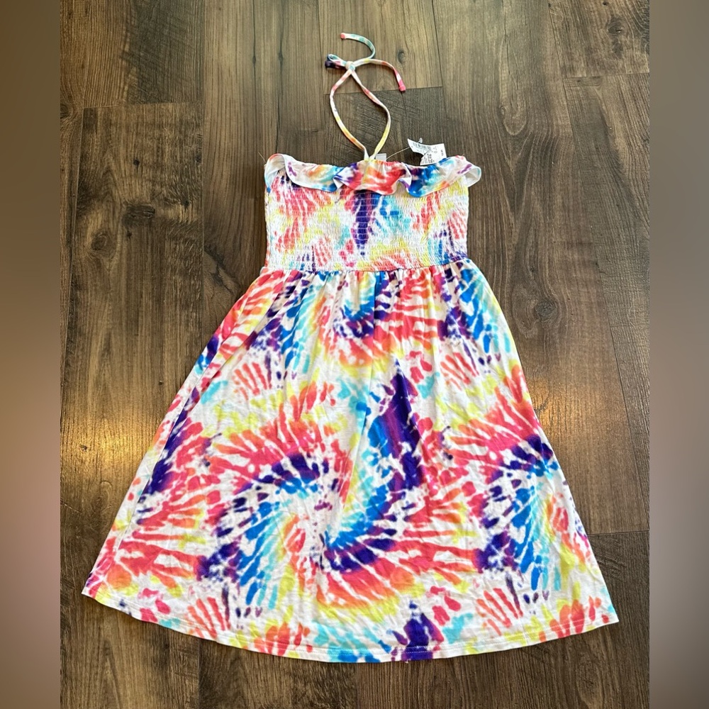 NWT The Children's Place Girl's Bright Rainbow tie dye halter dress, Size: XL 14